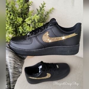 Bling Womens Nike Air Force 1 Black Sneakers Shoes with Gold Crystals